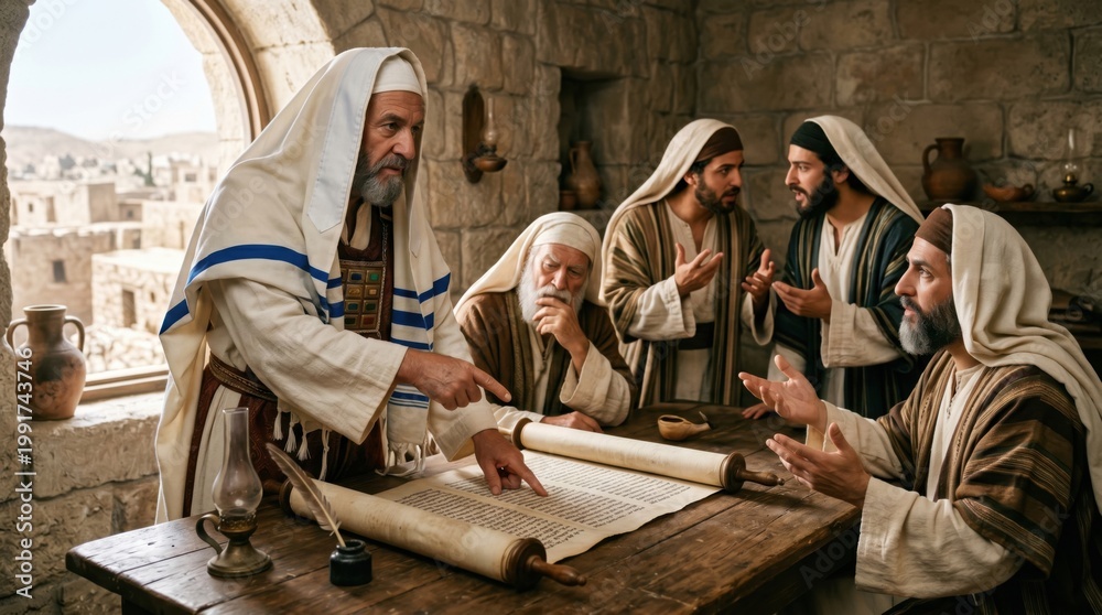 Naklejka premium High priest and pharisees gathered around wooden table examining ancient parchment scroll in stone room. Biblical scene depicting council of religious leaders in Jerusalem historical setting.