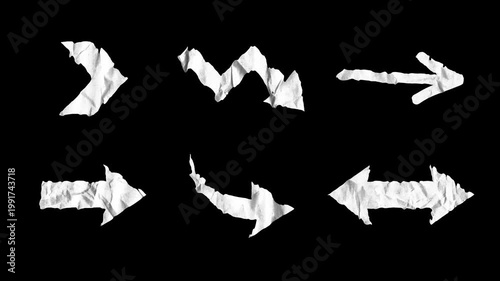 Animated stop motion pack of crumpled white paper arrows on a black background. Versatile directional symbols perfect for tutorials, vlogs, and creative video edits