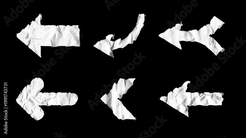 Animated stop motion pack of crumpled white paper arrows on a black background. Versatile directional symbols perfect for tutorials, vlogs, and creative video edits