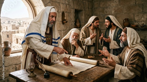 High priest and pharisees gathered around wooden table examining ancient parchment scroll in stone room. Biblical scene depicting council of religious leaders in Jerusalem historical setting.