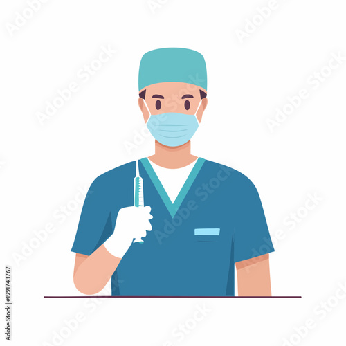 Doctor in scrubs with syringe and mask