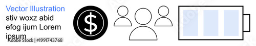 Finance, energy efficiency, teamwork, budgeting, user interaction, resource management. Icon of a dollar sign, group of three users and battery graphic. Finance and energy efficiency concept