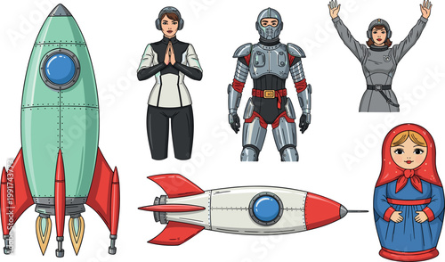 Retro sci fi elements set with rocket, astronaut, robot and matryoshka doll, futuristic and vintage space illustration vector collection