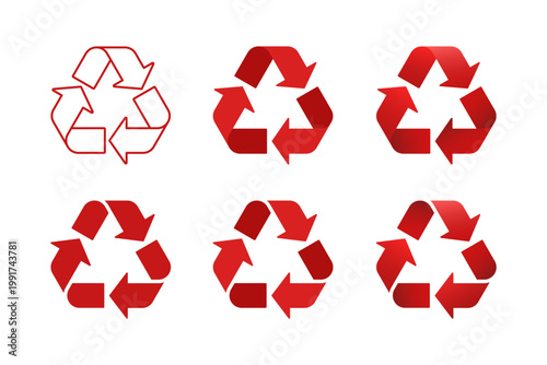 Red eco recycle symbol metal waste, triangle triple arrow for waste sorting, outline, flat, 3D effect. Vector