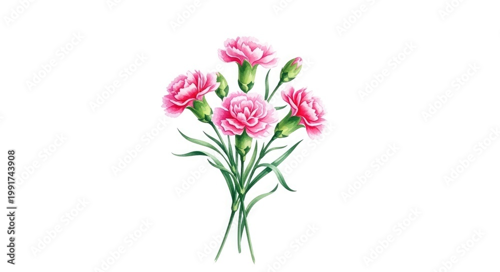 Fototapeta premium Happy mothers day beautiful pink carnation bouquet watercolor illustration for celebrating mom's special day