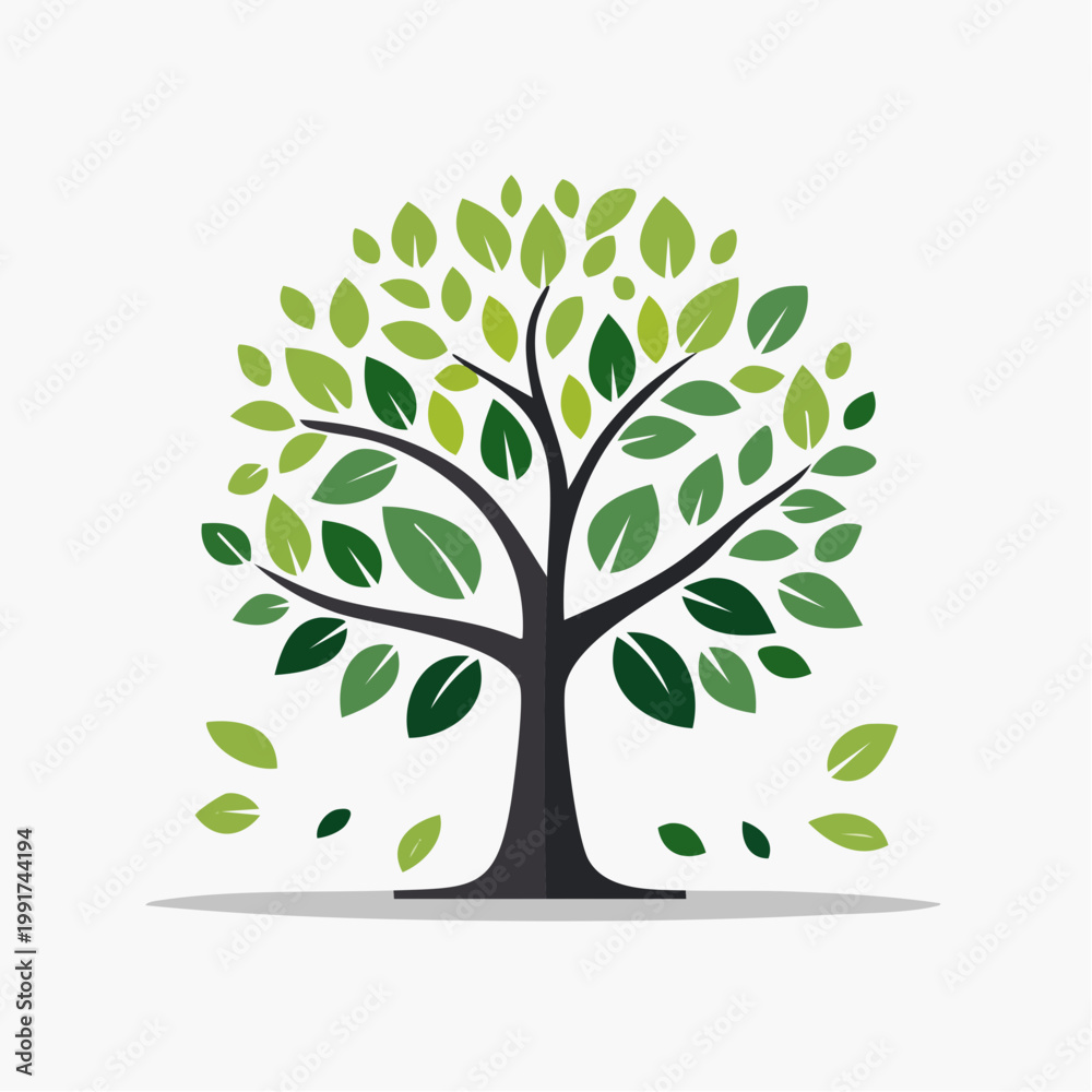 Obraz premium Stylized Tree with Green Leaves and Falling Leaves