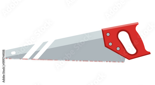 A vector illustration of a sharp metal hand saw with a bright red handle.