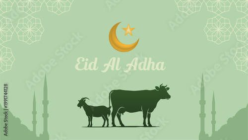 Eid al adha / idul adha holiday greeting card or poster vector art with with simple style stars, cloud and line art background with ratio 16:9. use goat and cow flat vector.