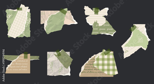 Collection of green scrapbook torn paper set. Retro paper decor. Scraps of green vintage wrapping paper, postcards, butterfly. Vector design template for design collage.