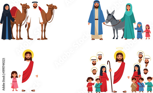Biblical characters and scenes set with Jesus, Mary, Joseph, shepherds and families, religious illustration collection in modern vector style