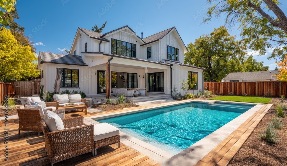 Fototapeta premium Modern farmhouse with sparkling pool and inviting outdoor living spaces