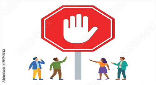 Stop sign with people illustration a symbol of restriction and protest