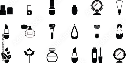 Collection of stylized beauty and cosmetic product icons in black and pink Vector