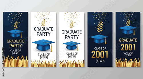 Set of graduation party banners with blue caps and gold confetti