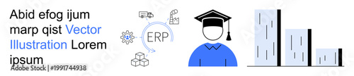 Business planning, ERP systems, data analysis, corporate education, knowledge transfer, technology adoption. Diagram with ERP icons, graduate figure and bar chart. ERP systems and education concepts