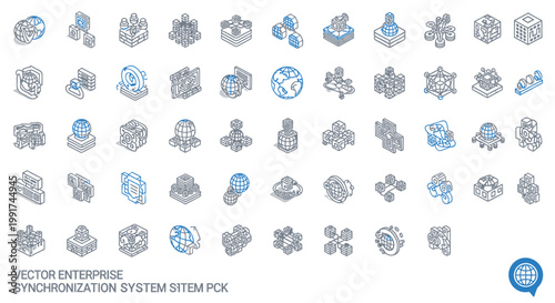 Vector enterprise icons, synchronization system symbols, business workflow elements, industrial process graphics