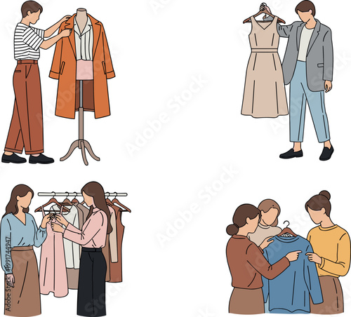 People choosing clothes in boutique set with fitting, shopping and styling scenes, fashion retail concept modern vector illustration collection