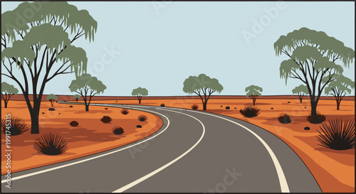 Winding asphalt road through arid landscape with scattered trees and bushes