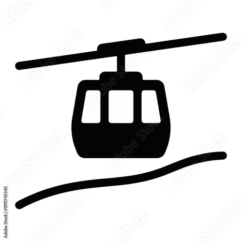 Single Gondola Cable Tram Silhouette Icon on Overhead Wire for Aerial Ropeway and Mountain Transit Concept on Transparent Background