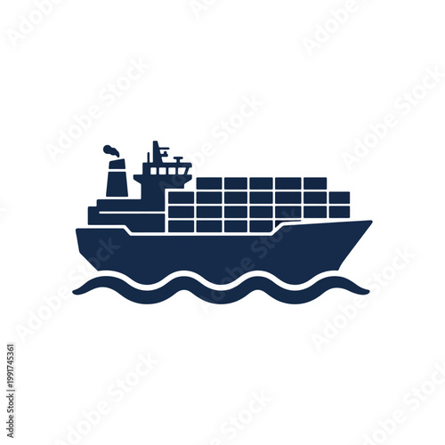 Dark Blue Cargo Container Ship Silhouette Icon on Ocean Waves for Maritime Freight and Global Logistics Concept on Transparent Background