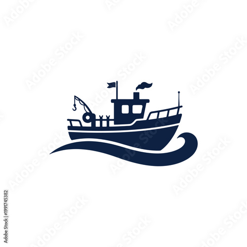 Dark Blue Fishing Boat Silhouette Icon on Ocean Wave with Flag and Crane for Commercial Fishery and Maritime Industry Concept on Transparent Background