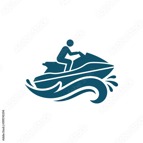 Teal Blue Jet Ski Silhouette Icon with Rider on Ocean Wave for Water Sport and Summer Recreation Concept on Transparent Background
