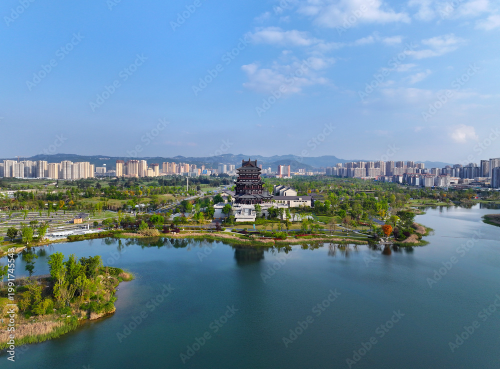 Naklejka premium Aerial photography of Dong'an Lake Sports Park in Chengdu