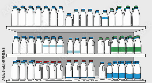 White bottles with blue, green, and red caps on shelves