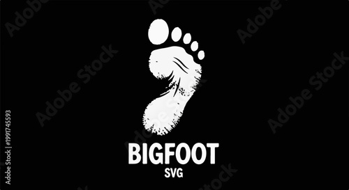 White Bigfoot footprint graphic with text on black background