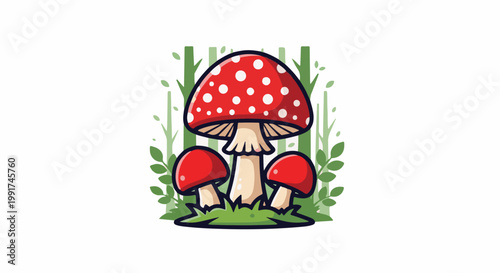 Whimsical red and white spotted mushrooms grow in a green forest setting