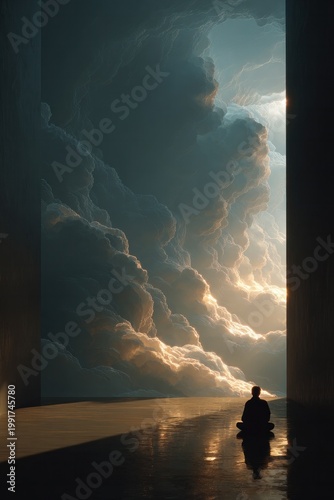 Silhouetted figure meditating in ethereal cloud chamber