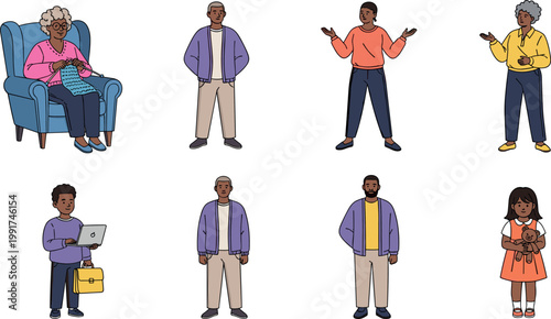 Diverse people characters set including elderly, adults and child in everyday activities, modern lifestyle illustration, inclusive vector collection isolated
