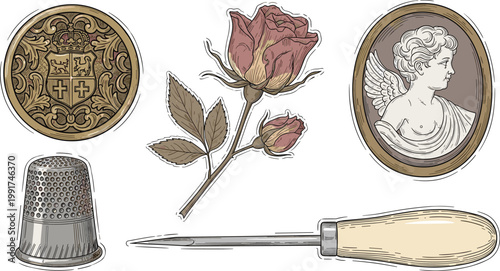 Vintage Sewing Accessories Illustration Set with Thimble Needle Cameo Brooch and Floral Elements for Antique Craft and Fashion Vector Design