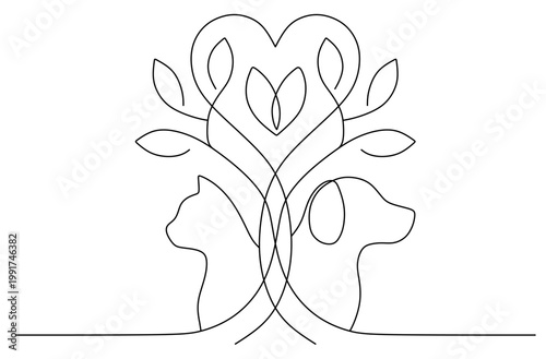 a continuous line drawing of a dog and a cat with a flowing, unbroken line forming a leaf and a heart at the top. symbolizes affection and love for pets.