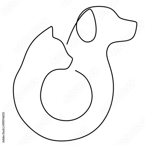 a continuous line drawing of a dog and a cat side by side with a flowing, unbroken line. symbolizes affection, love for pets.