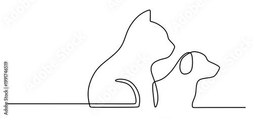 a continuous line drawing of a dog and a cat side by side with a flowing, unbroken line. symbolizes affection, love for pets.