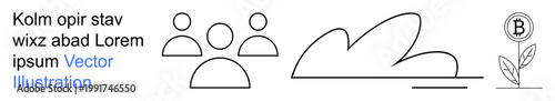 Finance, teamwork, cryptocurrency, cloud technology, growth concepts, sustainability. Minimalist outlines of three people, a cloud and a Bitcoin plant. Finance and teamwork illustrated