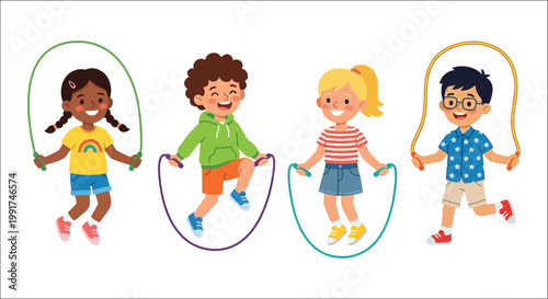 Four children joyfully jumping rope outdoors on a bright sunny day