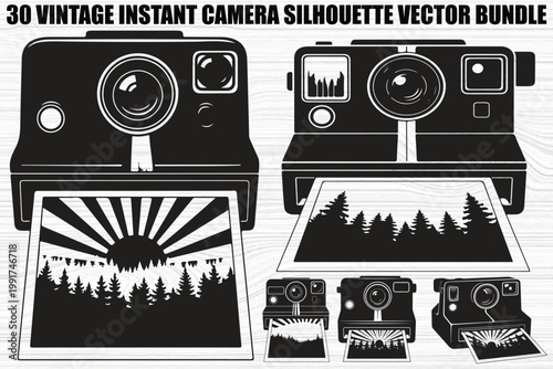 Vintage instant camera, silhouette vector bundle, 30 black and white icons, instant film graphics