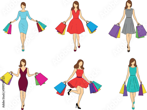 Stylish women shopping illustration set with colorful bags, fashionable outfits, modern lifestyle concept, retail therapy vector isolated collection