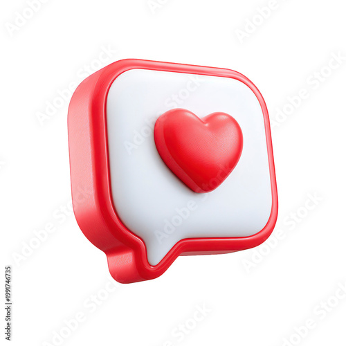 3D red heart icon inside speech bubble symbol isolated on transparent background