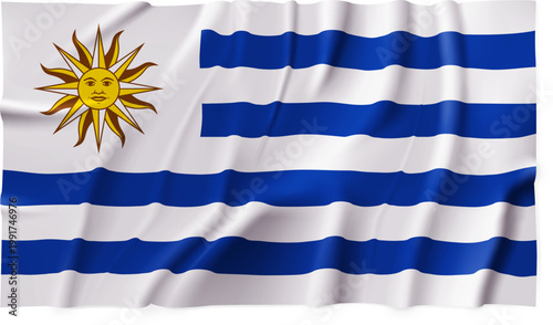 Realistic Uruguay country flag isolated on a transparent background. Silk atlas detailed fabric flag. Vector PNG