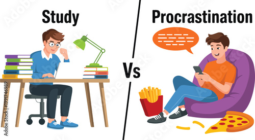 Student struggling with procrastination versus dedicated study habits concept illustration distraction challenge focus productivity education flat vector design