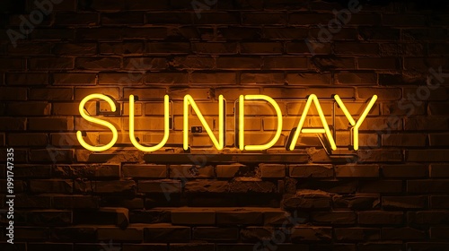 A Glowing Yellow Sunday Neon Sign Mounted On Brick Wall.