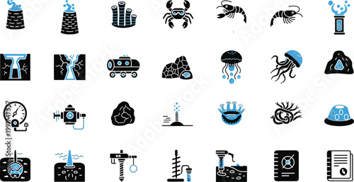 Creative icons representing various deep sea creatures and underwater exploration tools Vector