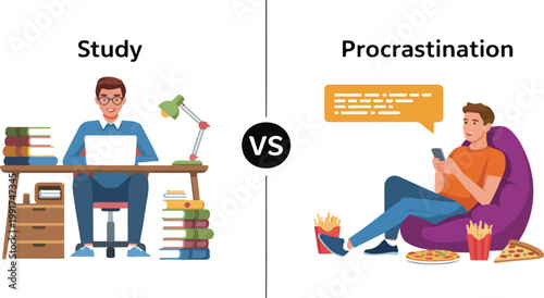 Student struggling with procrastination versus dedicated study habits concept illustration distraction challenge focus productivity education flat vector design