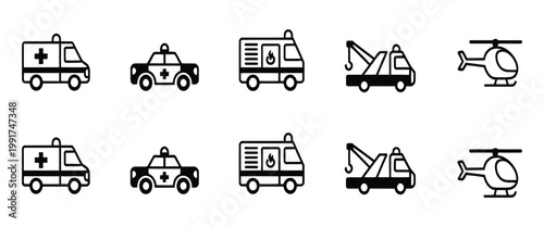 Emergency Vehicle Icon Set with Editable Stroke, Ambulance Police Car Fire Engine Rescue Transport Symbols Collection, Clean Outline Vector Graphics for UI, Web, Mobile Apps, and Infographic Design