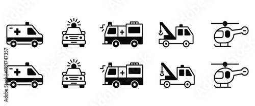 Emergency Vehicle Icon Set with Editable Stroke, Ambulance Police Car Fire Engine Rescue Transport Symbols Collection, Clean Outline Vector Graphics for UI, Web, Mobile Apps, and Infographic Design