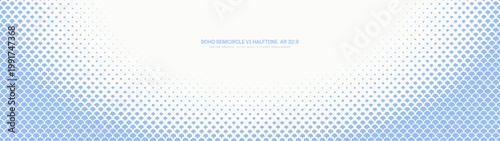 Semicircle scales halftone pattern round arc border ultra wide 32:9 aspect ratio white blue vector abstract background. Half tone oriental styled graphical panoramic ultrawide format light abstraction