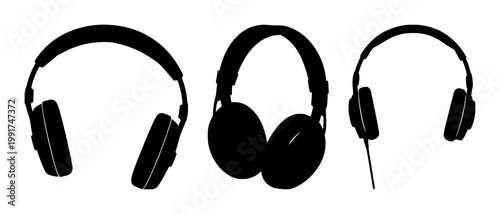 Tableau sur toile Headphones set with simple black silhouette against white background featuring h
